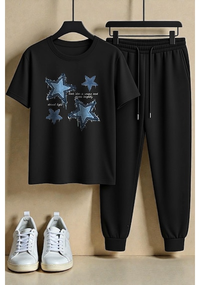 Uyguntarz Unisex Eternal Light Tasarım Baskılı Tişört - 2'li Eşofman Takımı Siyah Uyguntarz Unisex Eternal Light Tasarım Baskılı Tişört - 2'li Eşofman Takımı Siyah