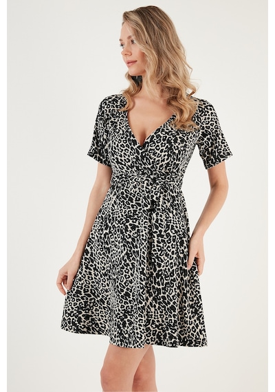 Lela Desenli Kruvaze Yaka Mini Bayan Elbise 5865618 Leopar