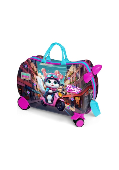 Coral High Kids Pembe Motorlu Kedi Desenli Otur-çek Çocuk Valizi 16358 Pembe