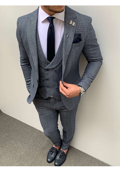 Modefendi Slim Fit İtalyan Kesim Piti Kare Takım Elbise Mavi