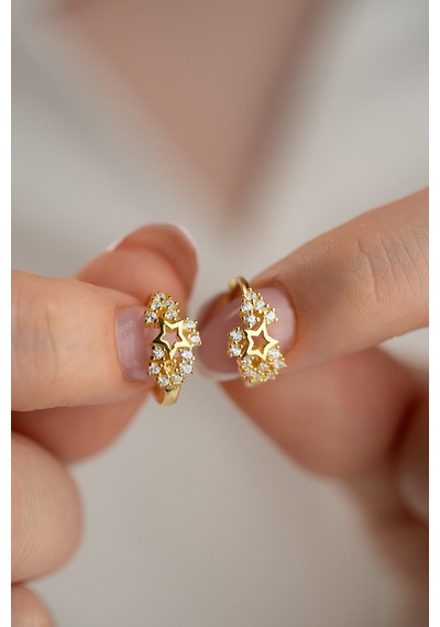 925 Ayar Gümüş Gold Kaplama 15 Mm Işıltılı Yıldız Küpe Altın