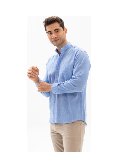 Eliş Şile Bezi Büyük Beden Uzun Kol Şile Bezi Hakim Yaka Tek Cepli Erkek Gömlek Mavi 3032 - 4XL Mavi