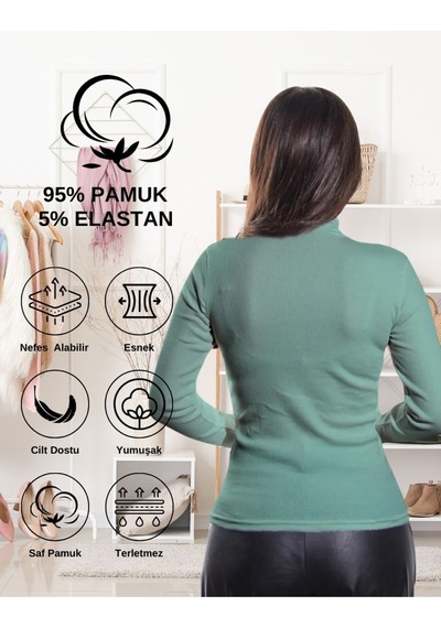 Alya Underwear Kaşkorse Tam Boğazlı Body Sweatshirt, Fitilli Kumaş, Likralı, Gül Kurusu Okaliptus