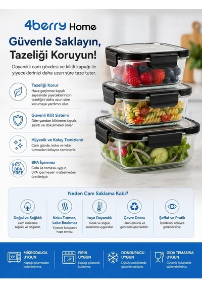 Home 1040 Ml Cam Saklama Kabı, Kilitli Kapaklı, Fırın Ve Mikrodalga Uyumlu, Buzdolabı Ve Dondurucuya Uygun, Gıda T Diğer