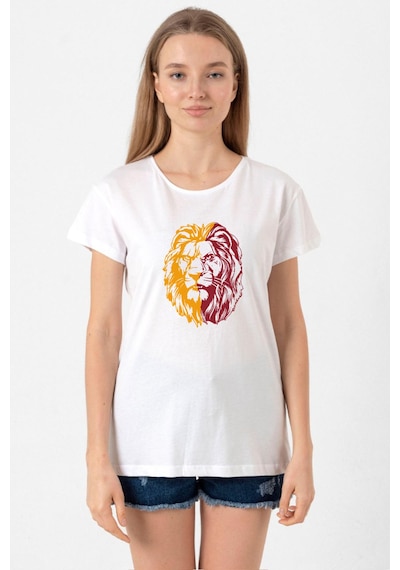 Sarı Kırmızı Aslan Beyaz Kadın Bisikletyaka Tshirt Beyaz