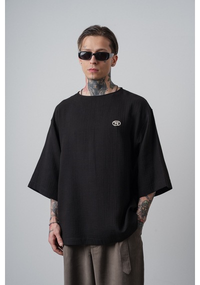 Respire Erkek R Nakışlı Fakir Kol Müslin Oversize T-shirt Siyah