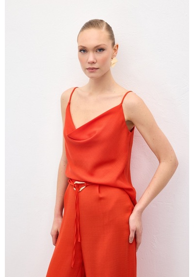 Sateen Degaje Yaka Dökümlü Bluz - Oranj-136692 Oranj