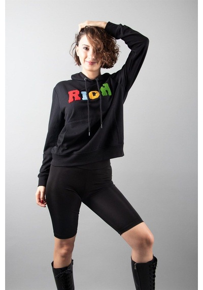 Siyah 2 Iplik Kapüşonlu Sweatshirt Çok Renkli