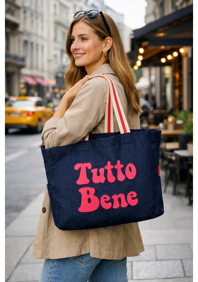 Faralya Life Mavi Kot Denim Çanta Baskılı Pamuk Bez Çanta 52x42 Cm 60 Cm Sap Uzunluğu Açık Pembe
