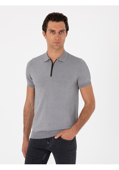 Gri Slim Fit Fermuarlı Polo Yaka Triko T-shirt