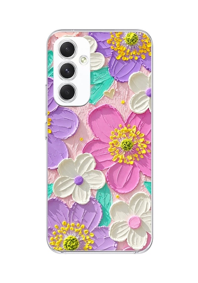 Samsung Galaxy A54 Uyumlu Mor Ve Pembe Papatya Baskılı Silikon Kılıf