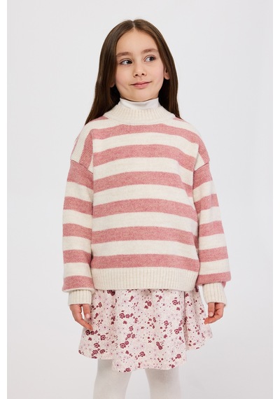 Panço Kız Çocuk Çizgili Triko Pembe Kazak