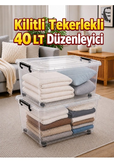 2'li Set 40 Lt Kilitli Tekerlekli Saklama Kutusu Şeffaf Düzenleyici Depolama Kutusu Çok Renkli