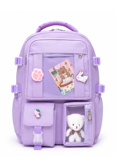 Quovo Kawaii Bag Club Kore Tarzı Full Aksesuarlı Ortopedik Günlük Yeni Okul Sırt Çantası Lila