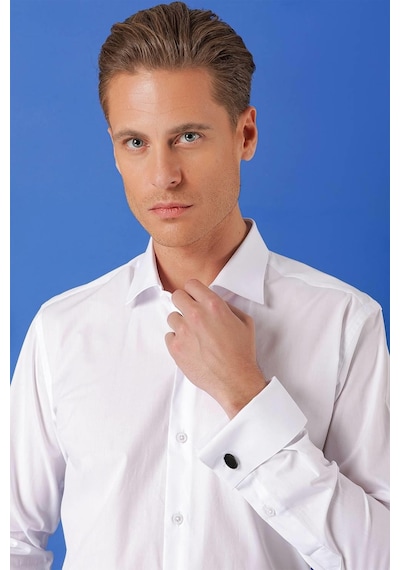 Efor Slim Fit Duble Manşet %100 Pamuk Klasik Beyaz Gömlek Gk 682 Beyaz