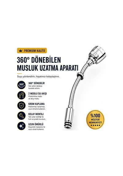 360 Hareketli Musluk Uzatma Başlığı, 2 Modlu Güçlü Su Akışı, Esnek Krom Tasarım, Su Tasarruflu, Sıçrama Önleyici, Kolay Takılan Musluk Aparatı, Mutfak Ve Banyo Uyumlu, Paslanmaz Çelik
