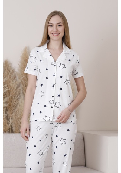 Wordex Mirano 6872 Kısa Kollu Yıldızlı Süprem Kumaş Düğmeli Kadın Pijama Takımı Beyaz