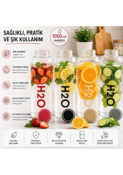 Tr 1000 Ml Renkli Kapaklı Borosilikat Cam Matara Sızdırmaz Çevirmeli Vakumlu Kapaklı Suluk,bpa İçermez, Isıy Diğer