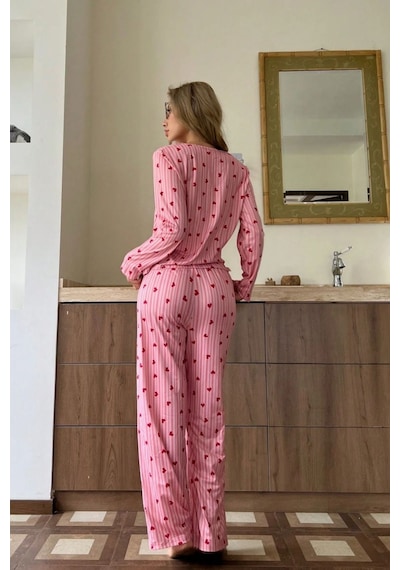 Bella Notte Pembe Dantel Yaka Detaylı Süs Düğmeli Uzun Kollu Pijama Takımı