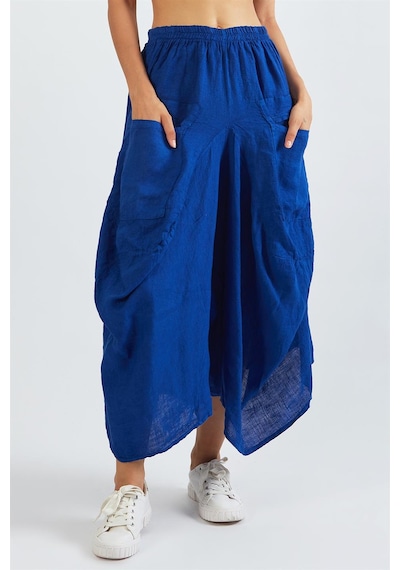 Bohem Stil İtalyan Cepli Keten Şalvar Pantolon Cmn00154 Mavi