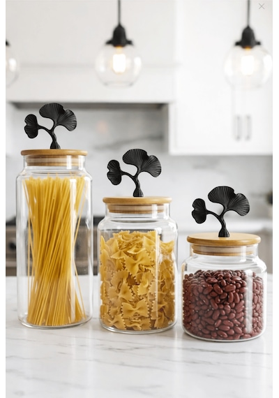 3'lü Bambu Kapaklı Mat Siyah Ginkgo Figürlü Şeffaf Cam Kavanoz Cam Saklama Kabı 635/890/1400ml Çok renkli