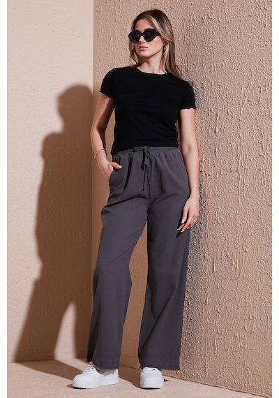 Lela Pamuklu Relaxed Fit Yüksek Bel Geniş Paça Bayan Pantolon 668Yp5275 Antrasit