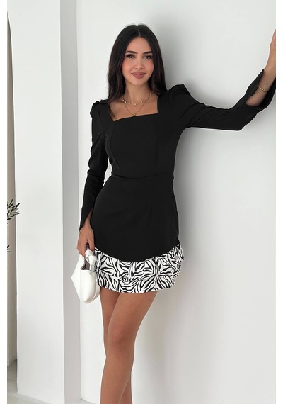 Asprin Fashion Zebra Desen Garnili Elbise Siyah