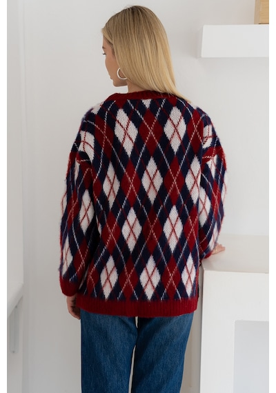 Noa & Noa Kadın Oversize Sardonlu Tiftik Kazak Yumoş Dokulu & Desenli Bordo