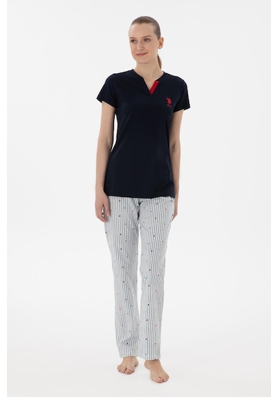 U.s. Polo Assn. Kadın V Yaka Yarım Kollu Patlı Çizgili Pijama Takım lacivert