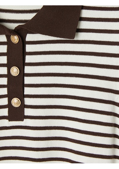 Lcwaıkıkı Classic Kahverengi Polo Yaka Çizgili Kadın Triko Kazak