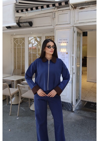Kechi Woman Gabardin Kumaş Fermuarlı Yaka Garnili Ceket Lacivert