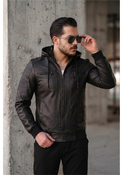 Oksit Kegg Erkek Siyah Slim Fit Kapüşonlu Omuz Detaylı Suni Deri Ceket