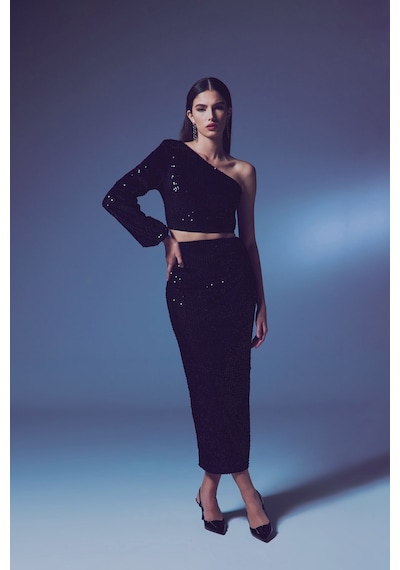Sateen Kadife Payetli Midi Etek - Siyah-135602 Siyah