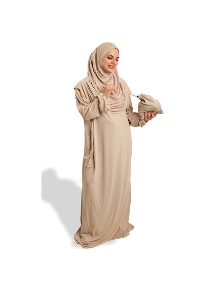 Hürrem Bone 2 Parça Namaz Elbisesi Viskon Düz 2504 12 Bej
