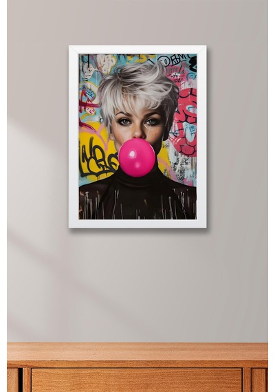 Pembe Sakız Balonu Patlatan Kadın Grafiti Çerçeveli Tablo - Pop Art Poster Tablo