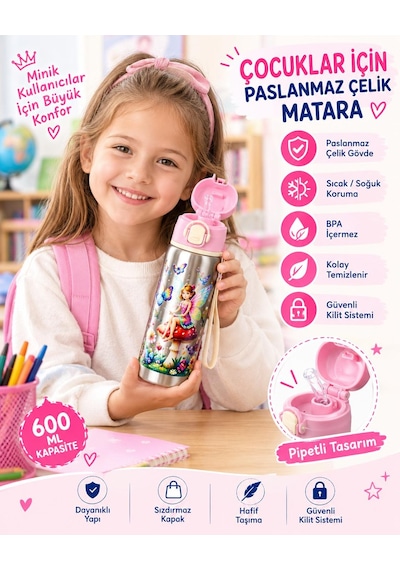 Titiz Siply 600 Ml 304 Paslanmaz Çelik Çocuk Matarası Pipetli Ve Direkt İçim Çift Kullanımlı Çok Renkli