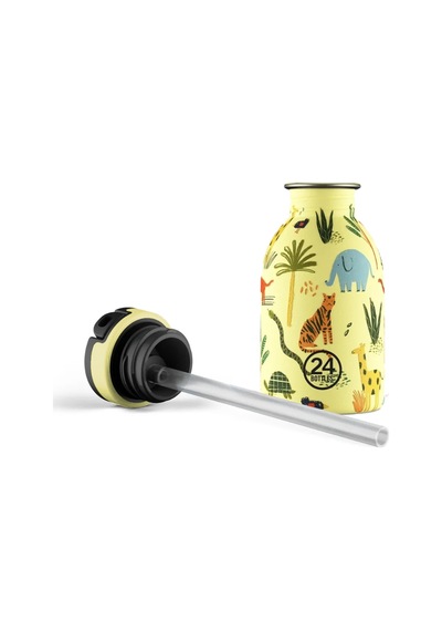 Kids Bottle Jungle Friends Paslanmaz Pipetli Çelik Çocuk Su Matarası 250 Ml Sarı