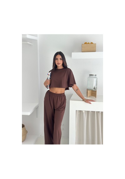 Gugus Yazlık Takım - Alt Üst Kadın Dokulu Kumaş -baggy Pantolon + Salaş Üst Kahverengi Gugus Yazlık Takım - Alt Üst Kadın Dokulu Kumaş -baggy Pantolon + Salaş Üst Kahverengi