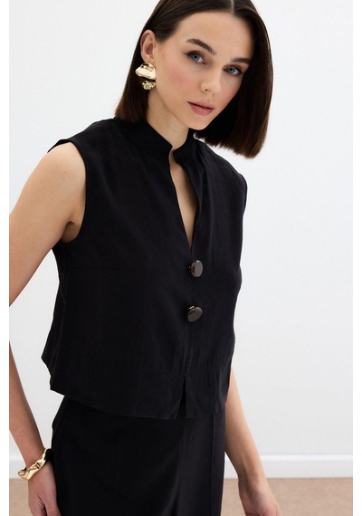 Sateen Süs Düğme Detaylı Bluz - Siyah Siyah