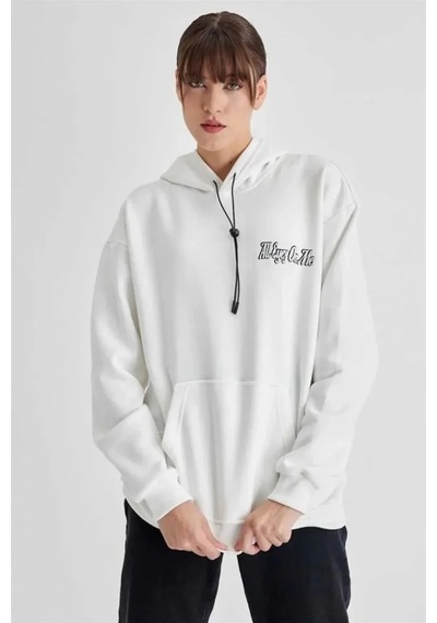 Veraura Lifestyle Kapüşonlu Sırt Baskılı Üç İplik Oversize Sweatshirt - Beyaz