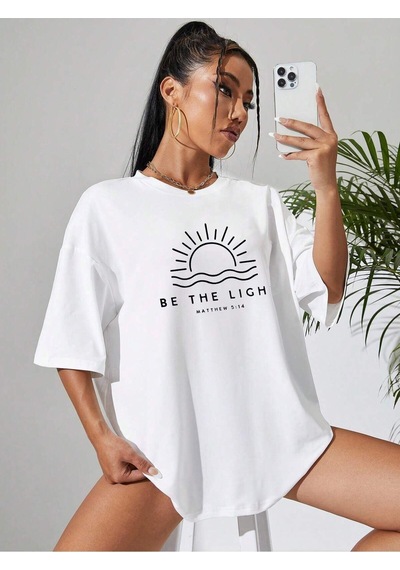 Be The Lıght Kadın Renkli Özel Baskılı Oversize Süprem Bisiklet Yaka T-shirt Beyaz
