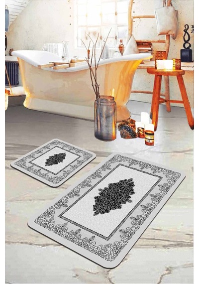 Gri Modern Klasik Banyo Halısı Klozet 2'li Paspas Seti Bs281
