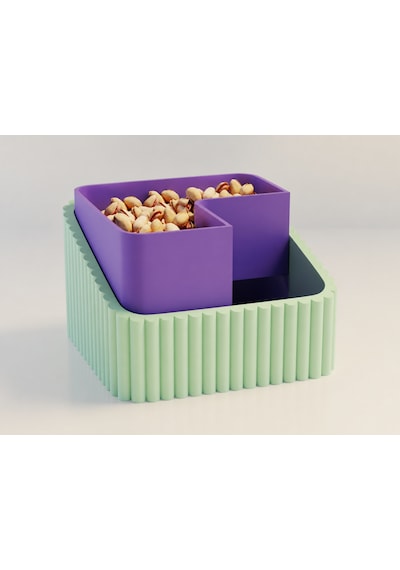 3d Baskı Fıstık Kasesi - Çift Hazneli Kabuk Ayırıcı Sunum Kasesi - Mint Mor Çok Renkli