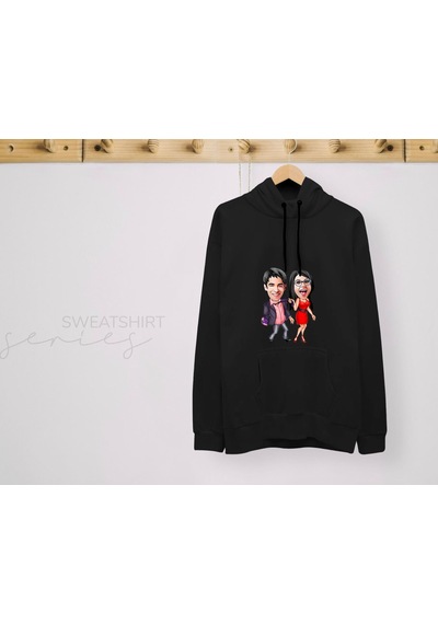 Bk Gift Kişiye Özel Sevgililer Karikatürlü İkili Siyah Sweatshirt Seti, Sevgililer Hediye, Çift Hediyesi, Yıl Dönümü Hediyesi, Kişiye Özel Sweatshirt-4