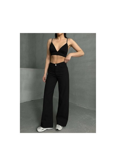 Kene Jeans Kadın Siyah Yüksek Bel Paça Kesik Bol Paça Jeans Pantolon Siyah