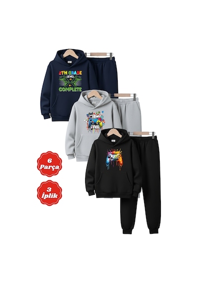 Fyk Kids 3 İplik Kapüşonlu Kanguru Cepli Şardonlu Kışlık Game Baskılı 6 Parça Erkek Çocuk Eşofman Takımı Lacivert-gri-siyah