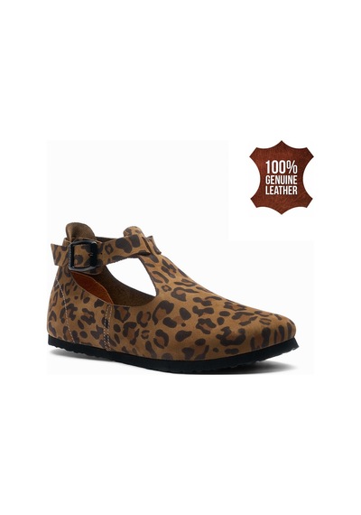Comfortfusse Rigi - Kadın Ortopedik Hakiki Deri Babet Ayakkabı Leopar Baskılı Deri