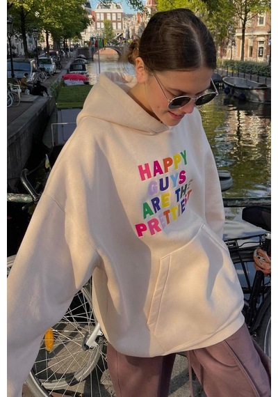 Bej Renkli Nakışlı Bisiklet Yaka Sweatshirt Mg1574