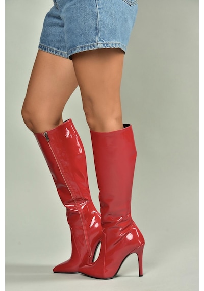 Fox Shoes N372530108 Kırmızı Rugan İnce Topuklu Kadın Çizme Kırmızı-rugan