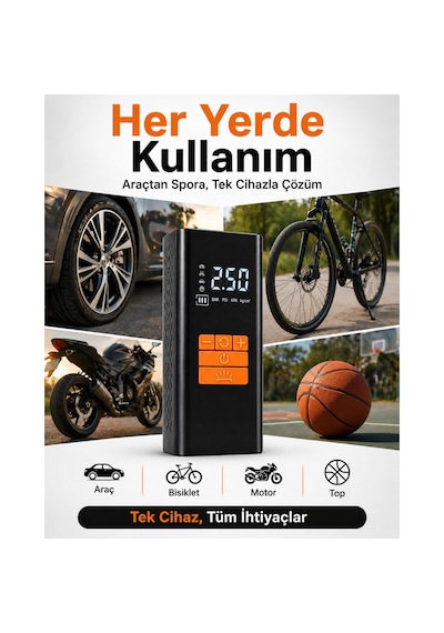 Kablosuz Hava Pompası 6000 Mah Şarjlı Dijital Ekranlı Lastik Şişirme Kompresörü Araç Bisiklet Motor Top Siyah